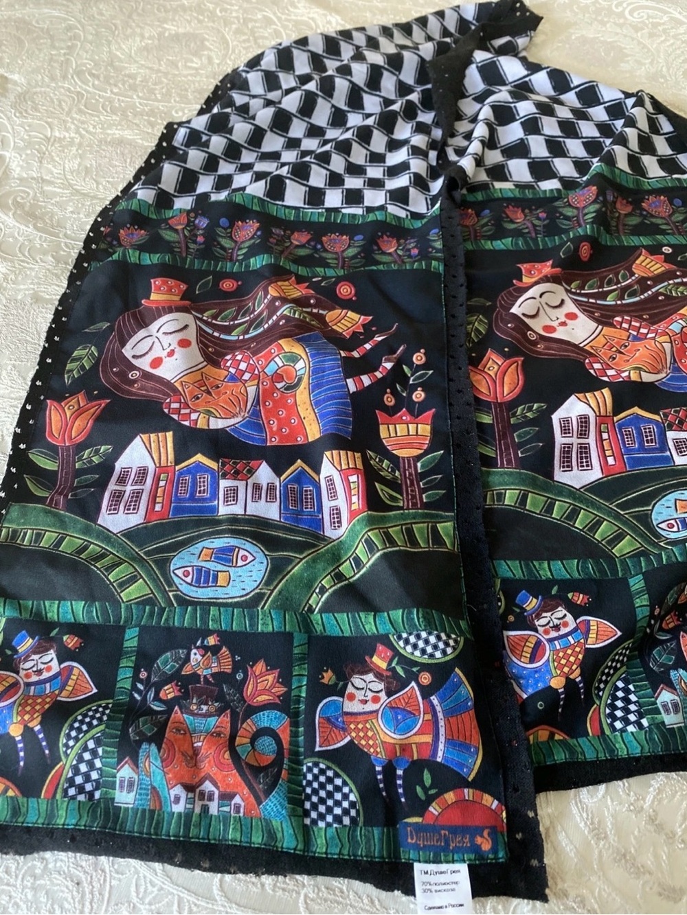 Colorful Folk Art Print Scarf with Checkerboard Accent